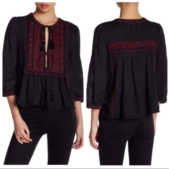 Free People Tops - Free People Wild Life Embroidered Black Blouse